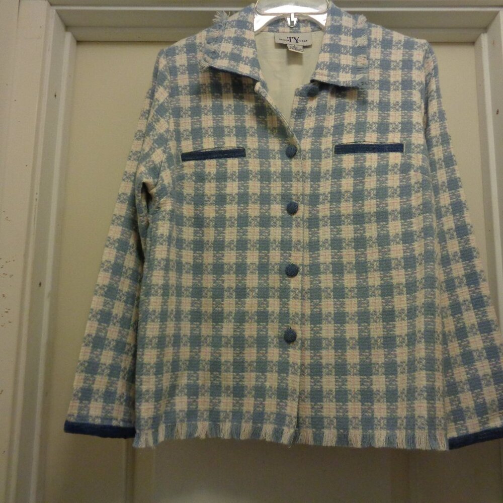 RETRO WOVEN BLUE & WHITE PLAID TOUCH OF PINK LADY JACKET W FRINGE BY TY 8